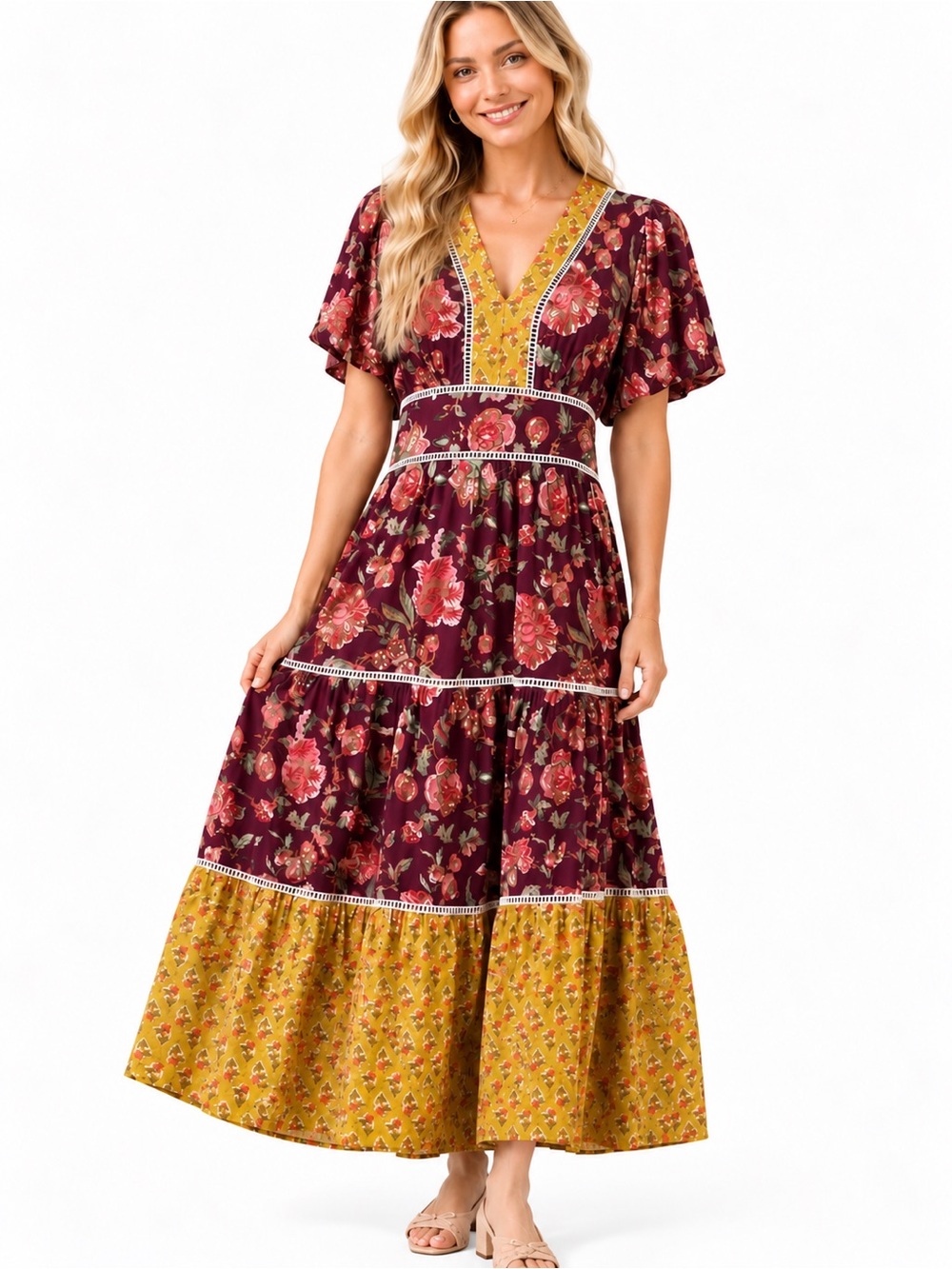 NWT THML Floral Boho Maxi Dress Plum & Mustard Cotton | XS